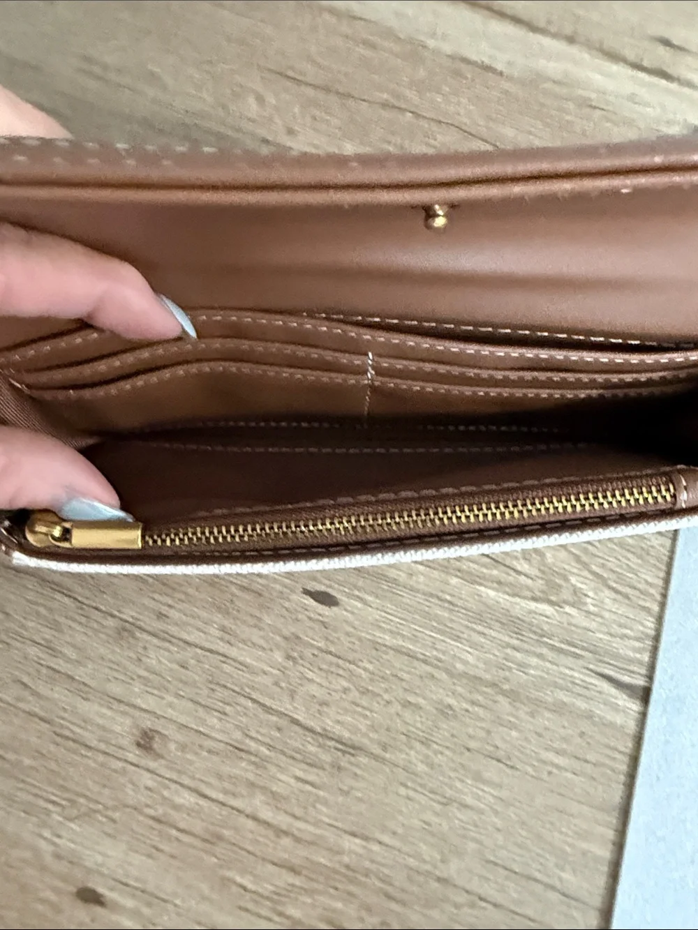 Steve Madden Cream Canvas Wallet with Brown Trim and Gold Logo
